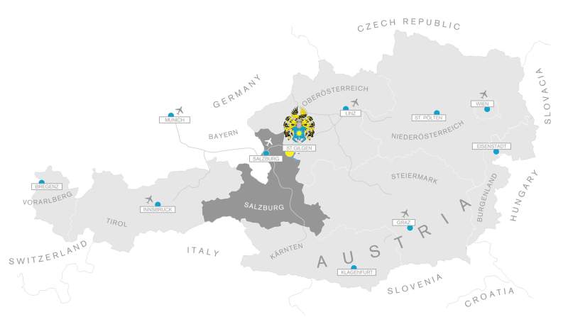 Map showing the location of St. Gilgen International Boarding School near Wolfgangsee in Austria