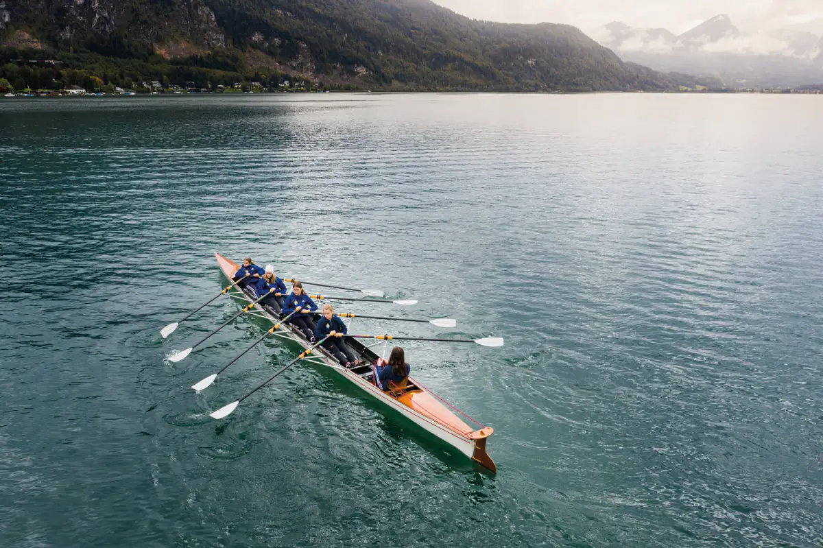 Students rowing on Wolfgangsee near St. Gilgen International Day and Boarding School
