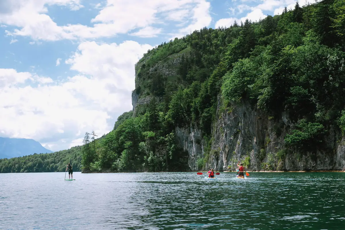 Students kayaking on Wolfgangsee near St. Gilgen International Day and Boarding School